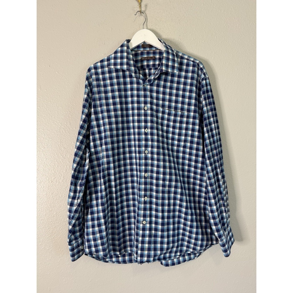 Bugatchi Uomo Shaped Fit Blue Plaid 100% Cotton Button Up Shirt Mens